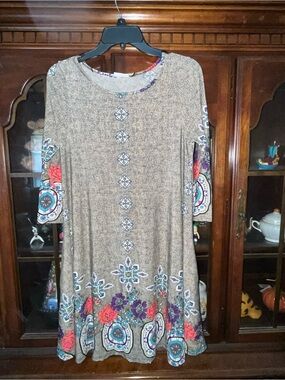 Her She Women’s Medium Boho Tunic Dress Brown Floral Paisley Long Sleeve